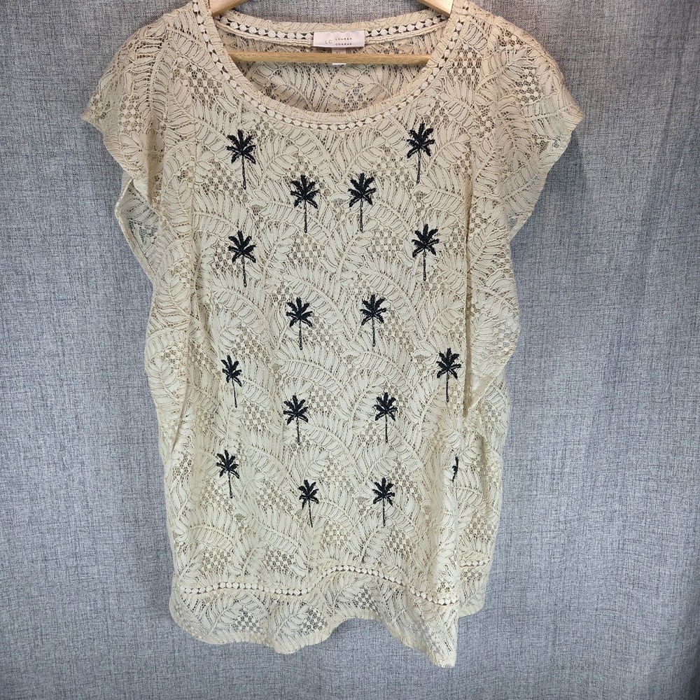 Lauren Conrad Lace Palm Leaf Coastal Print Flutter Sleeve Tunic Blouse XL Beach